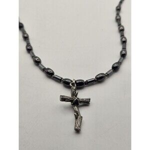Hematite Beaded Necklace with Silver-tone Cross Pendant 21"